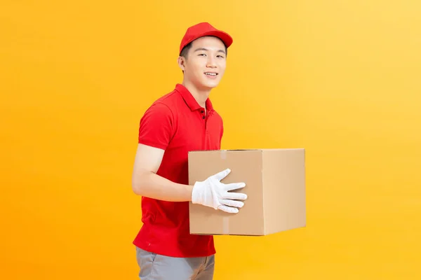 Happy Young Delivery Man Red Cap Standing Parcel Post Box — Stock Photo, Image