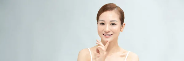 Fiatal Csinos Ázsiai Kéz Megható Arc Fehér Háttér Web Banner — Stock Fotó