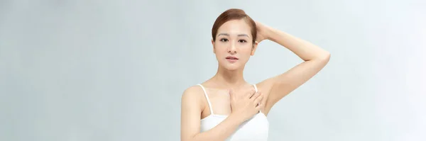 Armpit Epilation Lacer Hair Removal Young Woman Showing Clean Underarms — Stock Photo, Image
