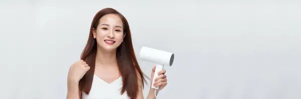 Banner Beautiful Smiling Asian Girl Long Straight Hair Using Hairdryer — Stock Photo, Image
