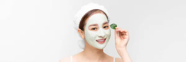 Banner Young Asian Woman Clay Face Mask Natural Spa Beauty — Stock Photo, Image
