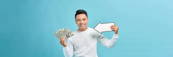 Happy Winner Man Smiling Pointing Arrow Fan Money Banknotes — Stock Photo, Image