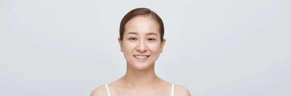 Ázsia Szépség Arc Egészséges Bőr Modell Portré Színes Háttér Banner — Stock Fotó