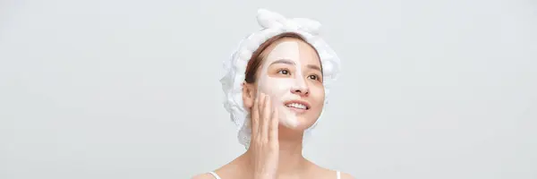 Happy Woman Towel Her Head Apply Cleansing Mask Her Face — Stock Photo, Image
