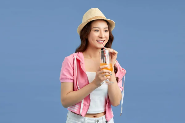 Portrait Asian Beautiful Happy Young Woman Smiling Cheerful Holding Glass — Stock Photo, Image