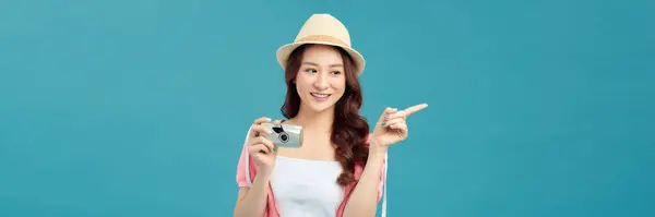 Tourist Girl Having Cheerful Holiday Trip Concept Camera — Stock Photo, Image