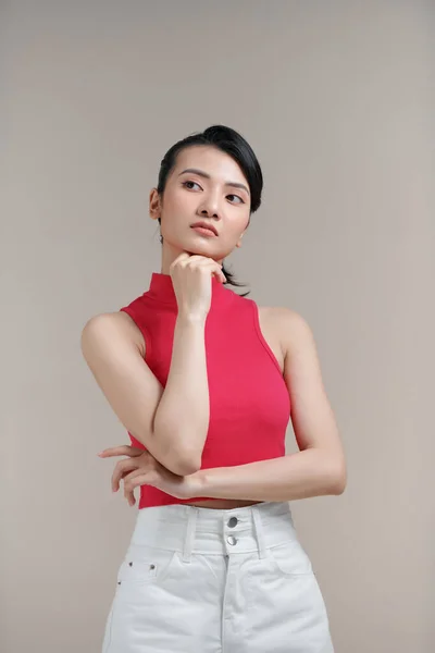 Pensive Young Woman Posing Put Hand Prop Chin Looking Aside — Stock Photo, Image