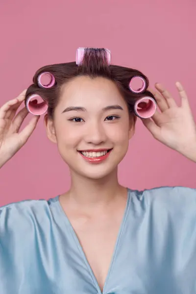 Portrait Beautiful Woman Hair Curlers Posing Isolated — Stock Photo, Image
