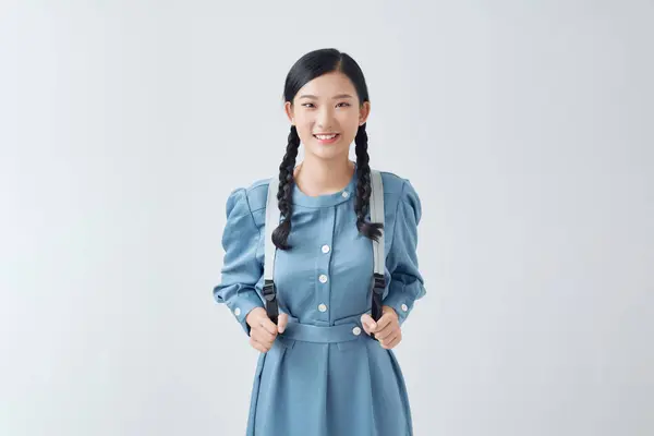 Chica Asiática Vestido Azul Mochila Sobre Fondo Blanco —  Fotos de Stock