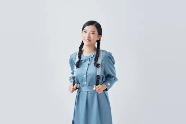 Joven Mujer Asiática Vistiendo Vestido Azul Sobre Fondo Blanco —  Fotos de Stock