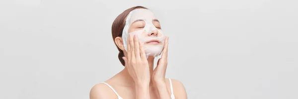 Beautiful Young Woman Sheet Facial Mask Color Background Panorama — Stock Photo, Image