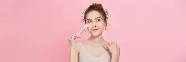 Woman Applies Powder Face Using Makeup Brush —  Fotos de Stock