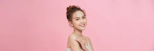 Banner Glamorous Woman Applying Moisturizer Cream Her Arm Perfect Skincare — Foto de Stock