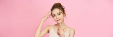 gorgeous creative lady finger touch chin brainstorming ponder isolated on pink