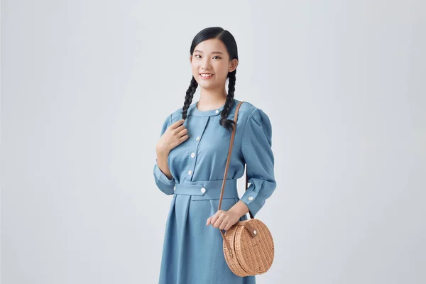 Beautiful Fashionable Asian Woman Wearing Stylish Denim Dress Shoulder Bag — Stock Photo, Image