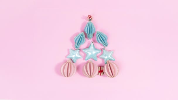 Christmas Tree Made Pink Balls Blue Stars Candy Canes Gifts — Stock Video