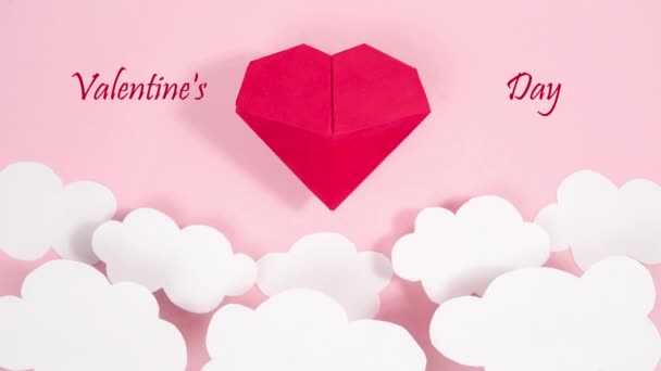 Greeting Card Happy Valentine Day Red Voluminous Origami Heart Floats — Αρχείο Βίντεο