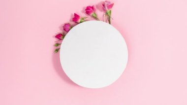 4k White circle background is decorated natural flowers buds. Pink background. Template for text or design. Valentine's, mother's day holiday, wedding and and other occasions. Stop motion animation.
