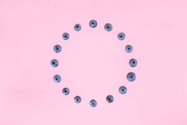 Berries of blueberries arranged in a circle. Pink background. Concept of berries season and proper nutrition. Flat lay. Copy space.