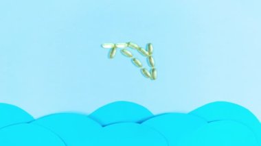 Balık yağlı sarı şeffaf kapsüllerden yapılmış balık, Omega 3, hareket eden mavi dalgaların üzerinden atlıyor. Sağlığını korumak ve iyileştirmek. Hareketi durdur.