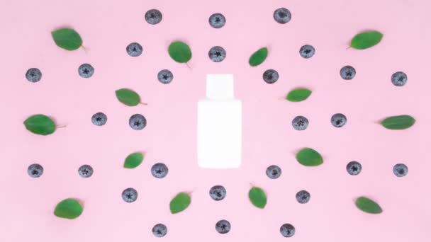 Reife Blaubeeren Und Grüne Blätter Füllen Weißes Rohr Rosa Hintergrund — Stockvideo