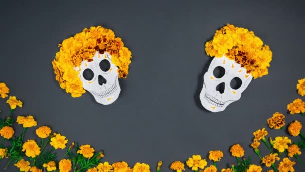 Cadre Fleurs Apparaît Côté Crânes Papier Peint Blanc Orné Têtes — Video