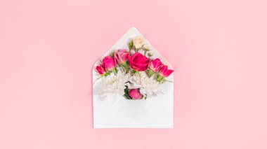 Natural red and white flowers buds in open white envelope. Valentine's, mother's day holiday, wedding and and other occasions. Pink background. Copy space.