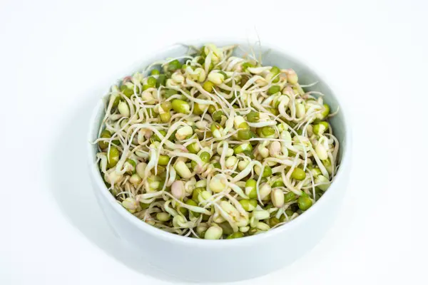 stock image Bowl of sprouted mung beans (Vigna radiata) with small roots for eating. White background. Close up. Concept of diet, vegetarianism, vegan, healthy products and proper nutrition. Copy space.