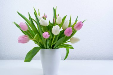 Beyaz vazoda taze beyaz ve mor laleler. Tebrik kartı. Aşk kavramı, kadınlık, zarafet ya da ilkbaharın gelişi, ayrıca romantik çay partisi. Boşluğu kopyala.