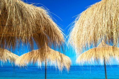 Sarı kurumuş çimenli saman plaj şemsiyeleri mavi gökyüzüne ve deniz zeminine yakın. Tatil deniz konsepti. Yaz güneşli deniz kenarı dinlenme.