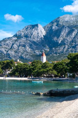 Yaz mevsiminde sakin Adriyatik Denizi. Güneşli bir sabahta temiz küçük çakıl taşı plajı. Promajna, Hırvatistan. Adriyatik Denizi kıyısında muhteşem çam ağaçları yetişir. Tatil konumu.