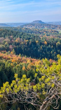 Sakson İsviçre Ulusal Parkı 'nın güzel bir sonbahar manzarası. Papststein Dağları 'ndan Knigstein Kalesi' ne bakın. Mavi güneşli gökyüzü. Altın Şelale. Almanya.