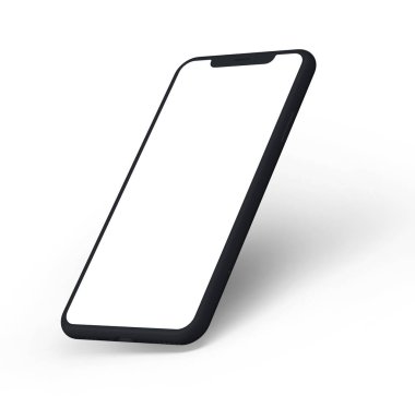 beyaz boş ekran 3D görüntülenmiş siyah cep telefonu beyaz arkaplanda izole edildi