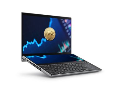 3d oluşturulan dizüstü bilgisayardaki dijital para birimi beyaz arkaplanda izole edildi