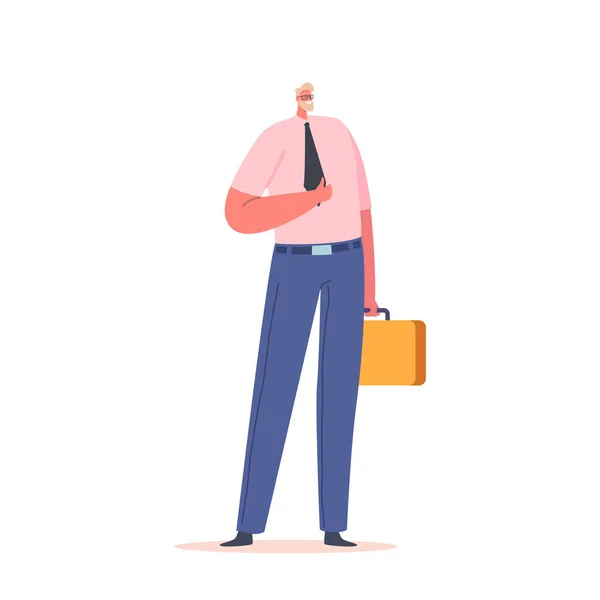 白种人商人或白种人背景下的正式服装经理 男性角色 穿正装的男人 粉色衬衫 手拿手提箱的领带 卡通人物矢量图解 — 图库矢量图片