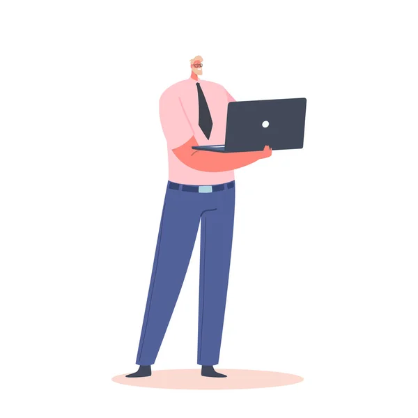 Männliche Figur Mit Laptop Den Händen Isoliert Auf Weißem Hintergrund — Stockvektor