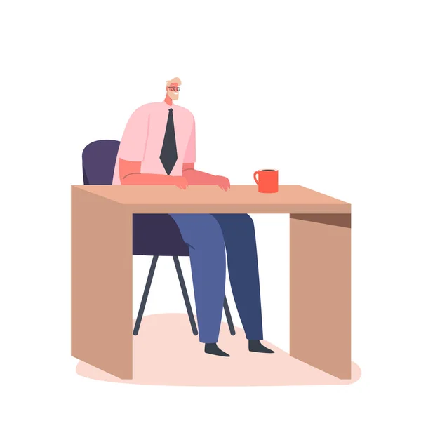 办公室工作人员职业概念 商务人士办事员或经理角色与咖啡杯一同坐在桌前 工作场所的工人 正式工作 穿正式服装的老板 卡通人物矢量图解 — 图库矢量图片