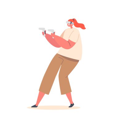 Sanal ve Geliştirilmiş Gerçeklik, Oyun Endüstrisi Konsepti. Kadın karakter, çevrimiçi oyunlar oynayan Vr gözlük takıyor ve denetliyor. Kız Yeni Teknoloji Malzemeleri Kullanıyor. Çizgi film İnsanları Vektör İllüstrasyonu