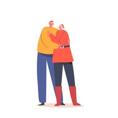 Sevgi dolu erkek ve kadın çift kucaklaşıyorlar. Erkek ve Kadın Karakterler Xmas kostümleri giyer ve Noel Baba Şapkaları Gülümser ve Sarılır Beyaz Arkaplanda soyutlanır. Çizgi film İnsanları Vektör İllüstrasyonu