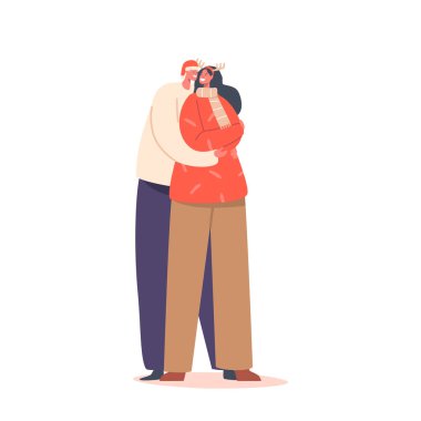 Erkek ve Kadın Xmas kostümü ve Noel Baba Şapkası Kucaklaşması giyer. Sevgili Erkek ve Kadın Karakterler Noel 'de kucaklaşıp kucaklaşıyorlar. Beyazlar Arkaplanında Yapayalnız. Çizgi film İnsanları Vektör İllüstrasyonu