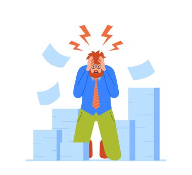 Aşırı yüklenmiş İşçi Stres ve Teslim Tarihi Konsepti. Ekonomik Buhran 'da Yanan İşadamı Ofiste Dizlerinin üzerinde Kıllı Kıllı Kağıt Dokümanlarla Duruyor. Çizgi film İnsanları Vektör İllüstrasyonu