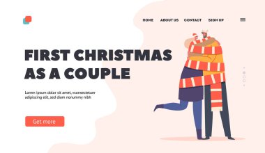 İlk Noel İniş Şablonu Çifti. Sevilen Adam ve Kadın, Uzun Eşarp 'a sarılı Xmas kostümleri ve şapkalar giyer. Erkek ve Kadın Karakterler Sarıl ve Sarıl. Çizgi film İnsanları Vektör İllüstrasyonu