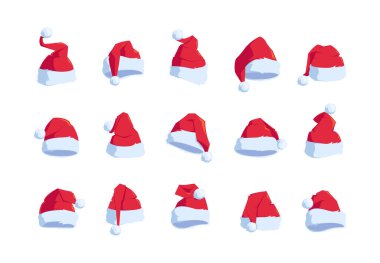 Beyaz arka planda izole edilmiş Noel Baba Şapkaları seti. Noel Baba Noel Koleksiyonu, Yılbaşı Kırmızı Noel Başlıklı Tatil, Noel Bayramı ya da Yeni Yıl Partisi Kostümü. Çizgi film Vektör İllüstrasyonu