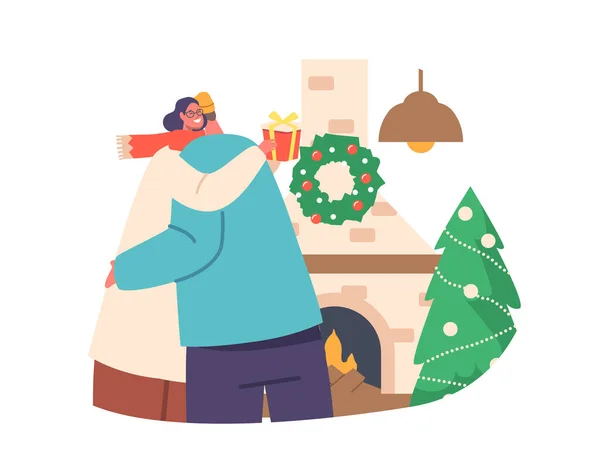 Χαρούμενα Enamored Άνδρας Και Γυναίκα Αγκαλιάζοντας Ανταλλάζοντας Εορταστικά Δώρα Για — Διανυσματικό Αρχείο