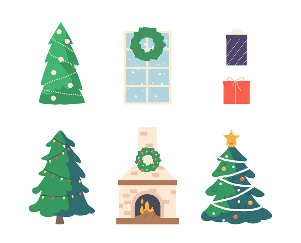 采购产品圣诞树与球 星星和花园 壁炉与燃烧的火 花环挂在窗户上 礼品盒 圣诞节和新年装饰与白色背景隔离 卡通矢量图解 — 图库矢量图片
