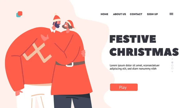 Festliche Weihnachten Landing Page Template Liebespaar Trägt Weihnachtskostüme Und Weihnachtsmützen — Stockvektor