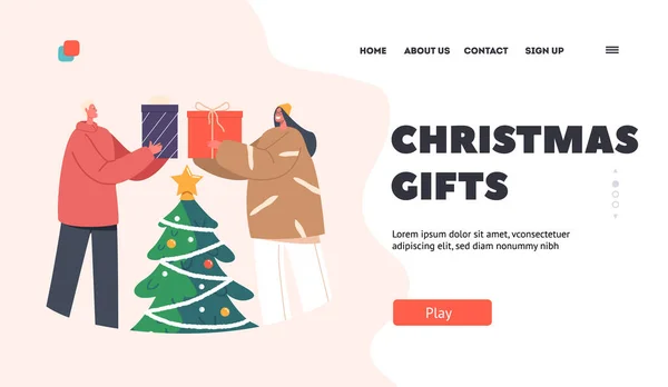 Kerstgeschenken Landing Page Template Gelukkige Paar Karakters Met Geschenkdozen Man — Stockvector