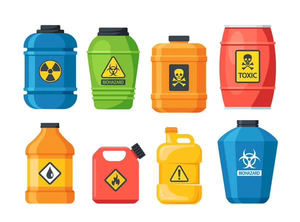 Conjunto Substâncias Perigosas Vários Recipientes Com Líquidos Químicos Explosivos Gases — Vetor de Stock