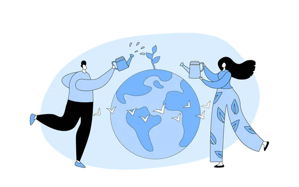 地球の日 生態系の問題 地球温暖化 環境ケアの概念 地球に種をまく木を植える男と女 自然を救うボランティア 漫画ベクターイラスト — ストックベクタ