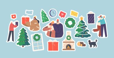 Bir grup Çıkartma Genç Çiftin Noel Tatilini Kutlaması Hediyeler Vermesi ve Firavun Ağacı 'nın yanında sarılmaları. Mutlu Aile Karakterleri Erkek ve Kadın Yeni Yıl ve Xmas Kutlamaları. Çizgi film Vektör Yamaları Paketi